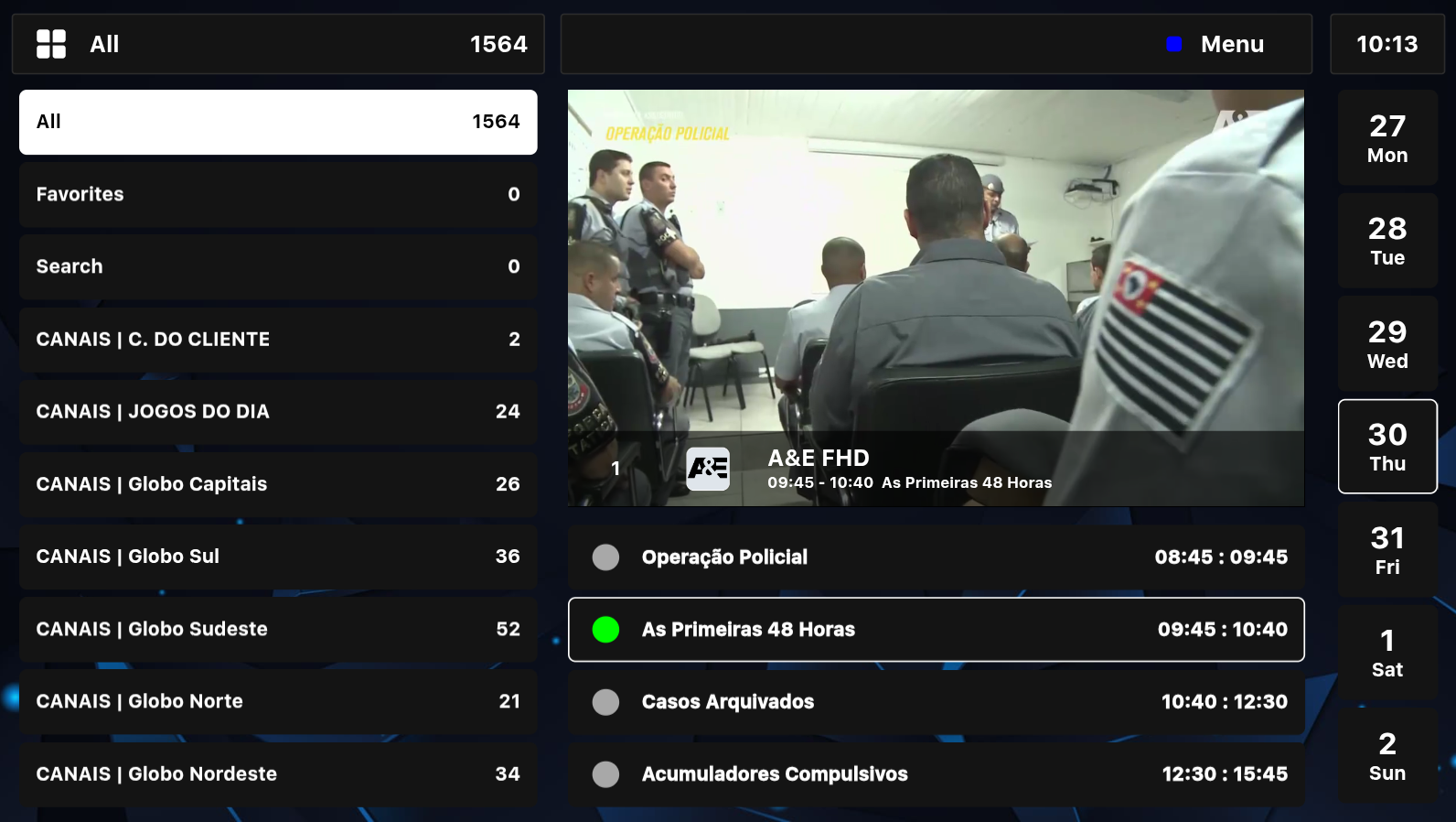 Guia de canais ao vivo com EPG no Azonix Play