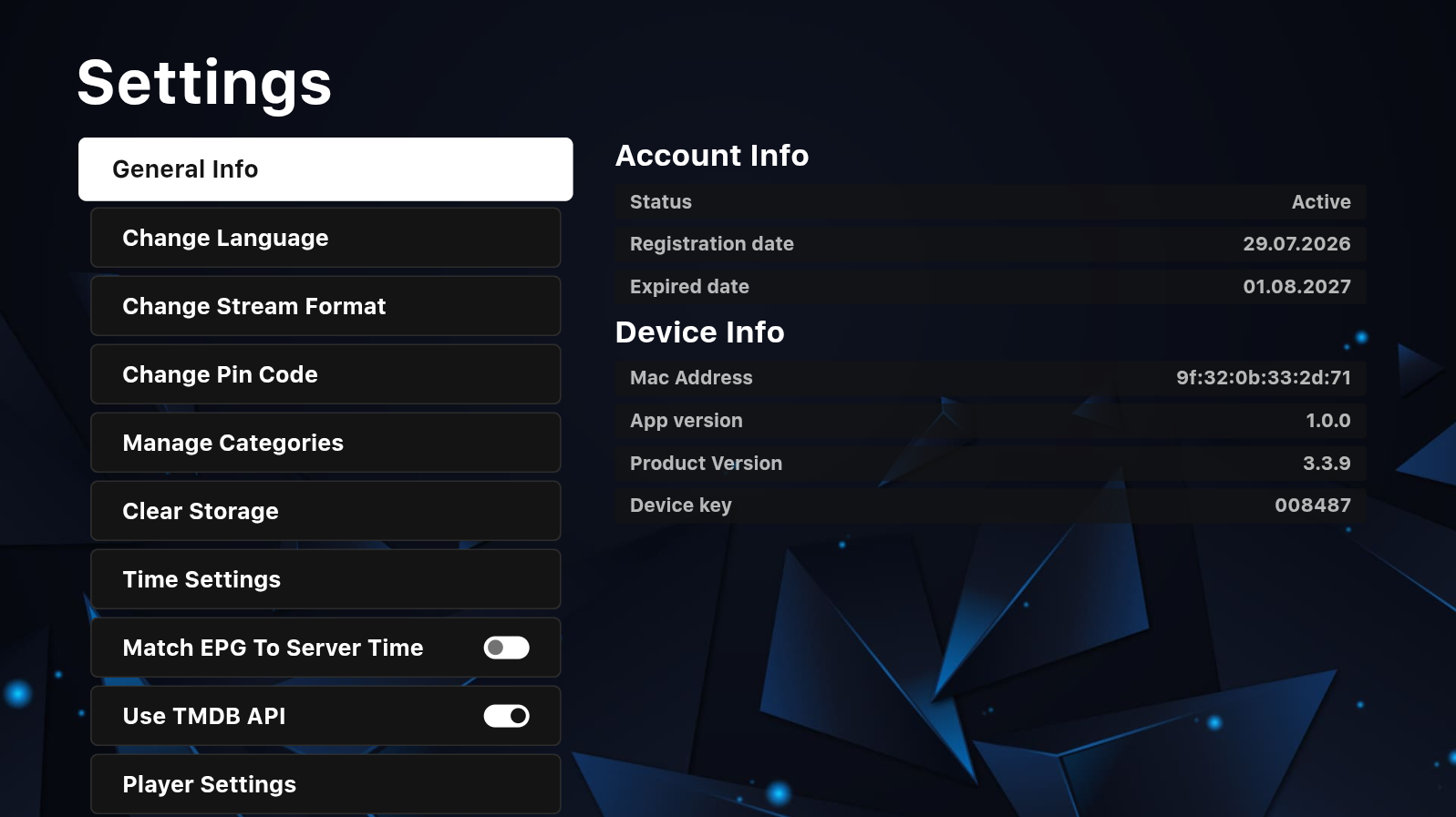 Tela de configurações e informações do dispositivo no Azonix Play