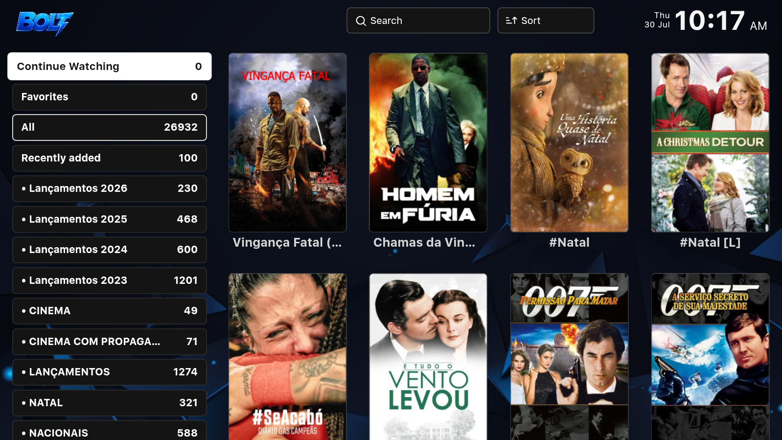 Catálogo de filmes organizado por categorias no Azonix Play